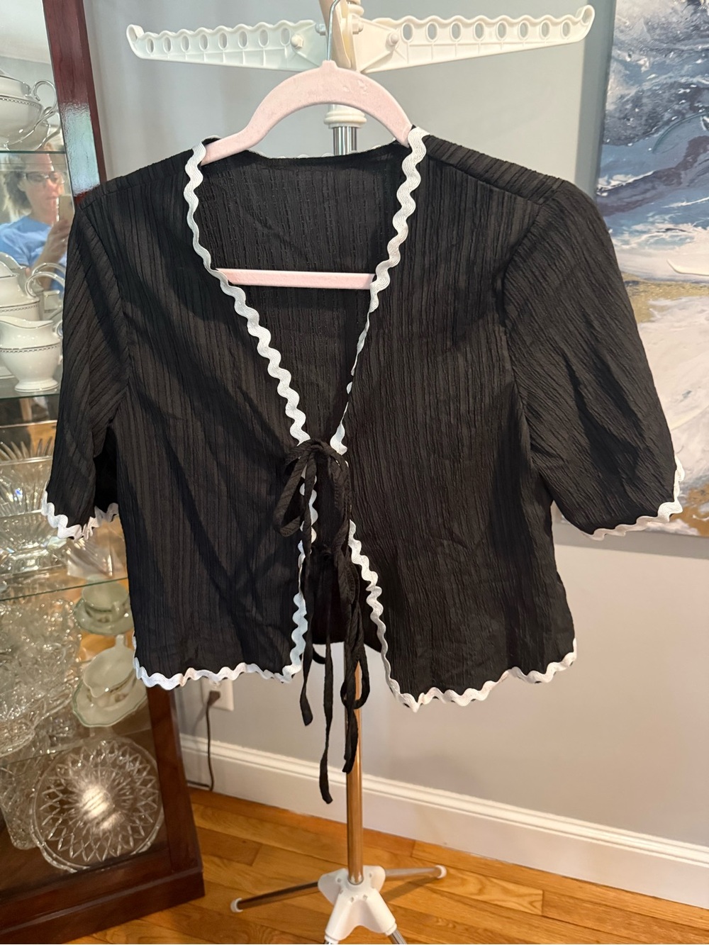 Black Tie-Front Top with White Rickrack Trim